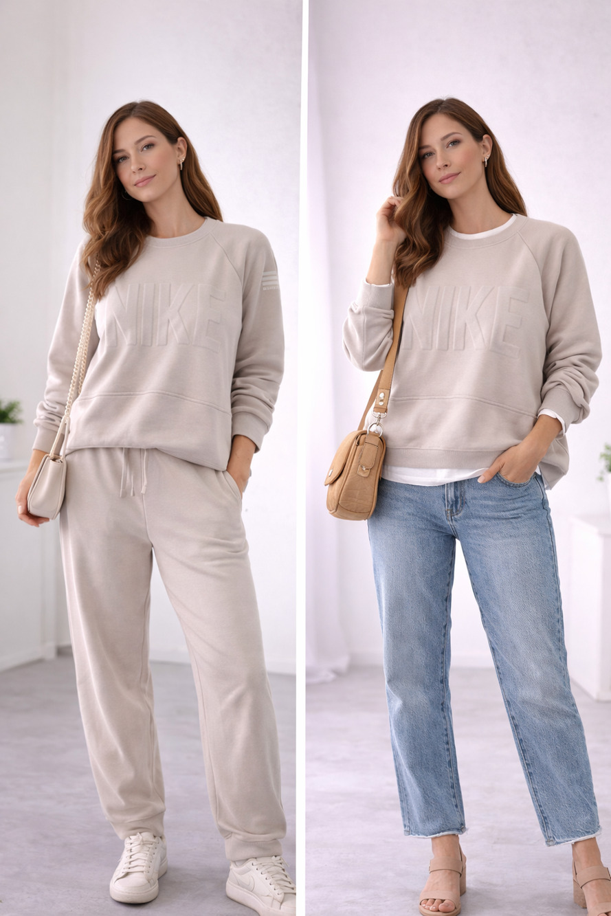 Nike Beige Sweatshirt Embossed Logo Barry’s Studio Relaxed crop Athleisure Sz-M